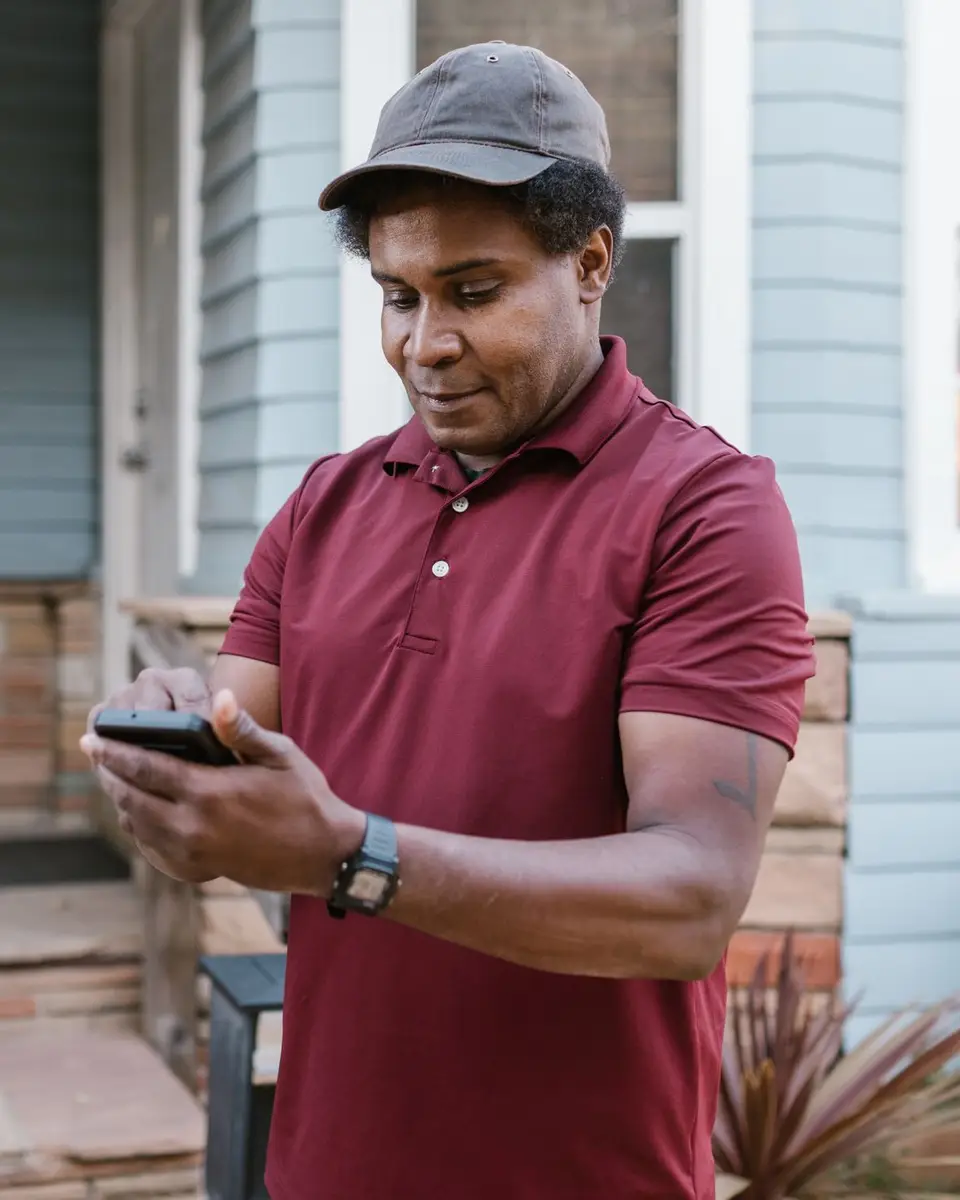 Smiling Pecan Hollow plumber arriving at a front porch