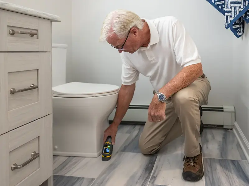 Plumber using electronic leak detection on a slab floor